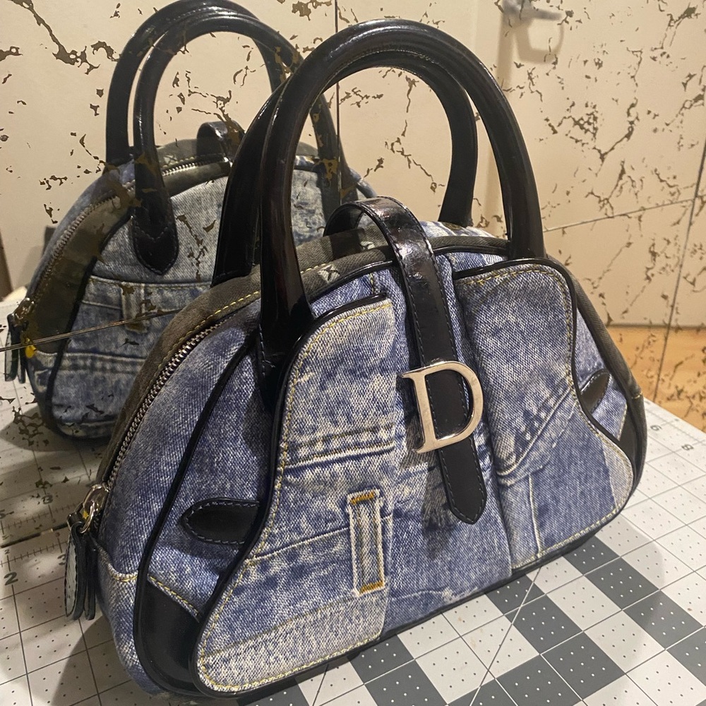 SOLD -Christian Dior denim print Double Saddle Bowler vintage mini